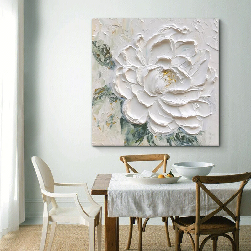 White Peony Flower Textured Oil Painting Wall Art