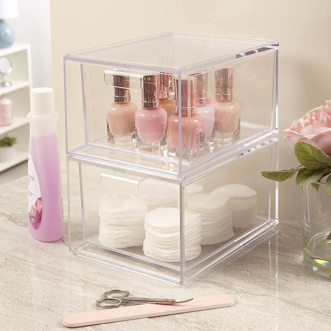 Stackable Clear Plastic Organizer Drawers Cosmetic Storage Set