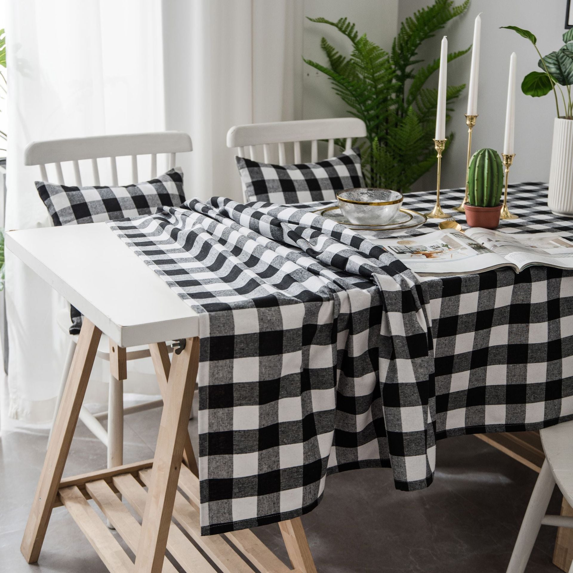 Woven Black And White Plaid Tablecloth For Dining Tables