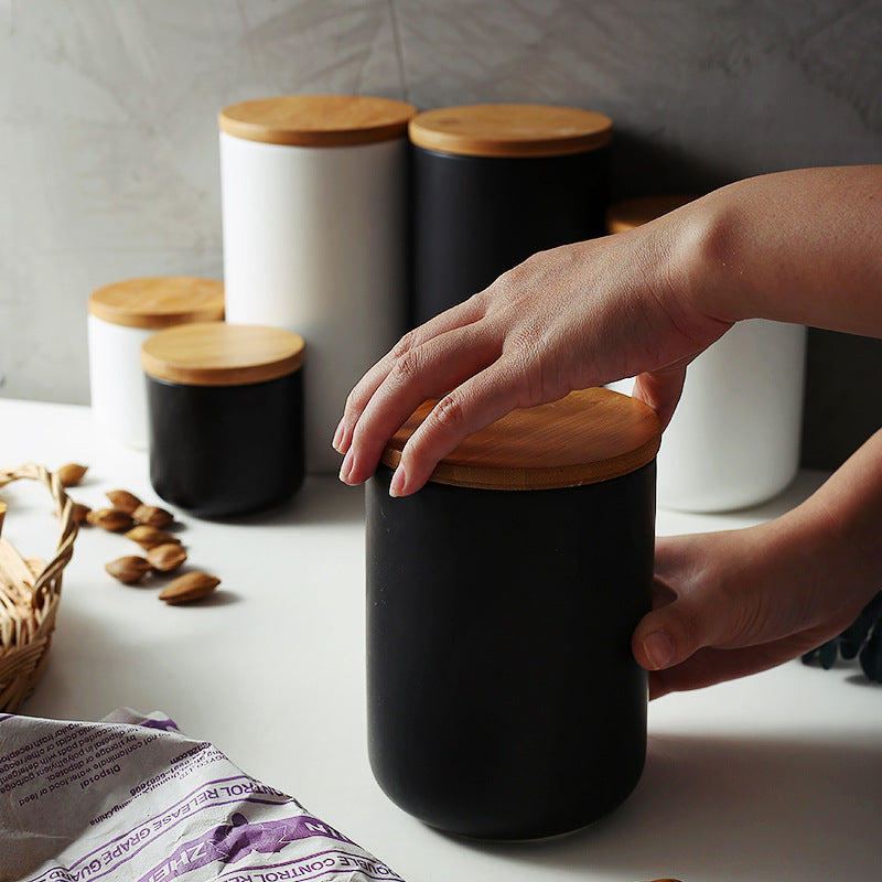 Ceramic Kitchen Storage Jar With Wooden Lid Sealed Container