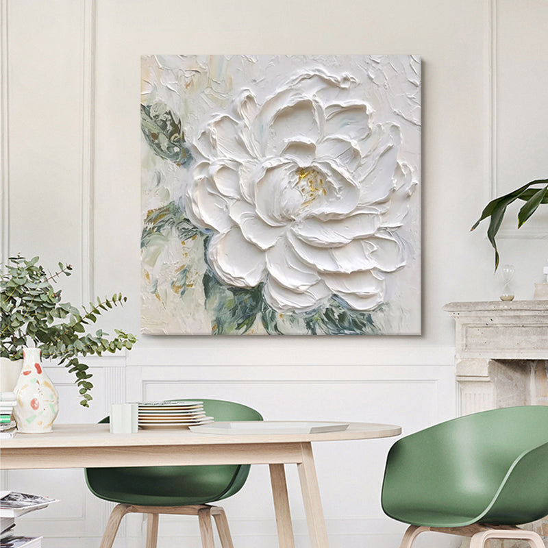 White Peony Flower Textured Oil Painting Wall Art