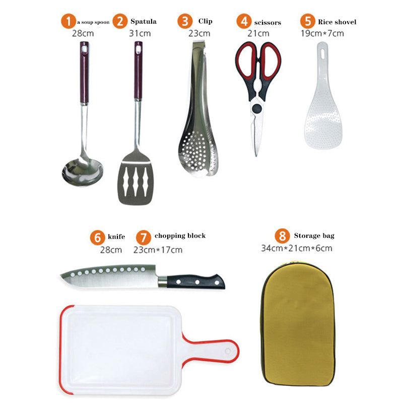 8Pcs Portable Camping Kitchen Utensil Set BBQ Grill Tools