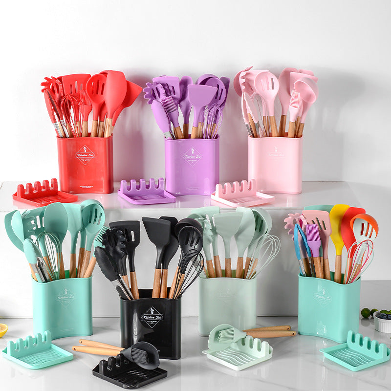 Multicolor Silicone Kitchen Bucket Set Wooden Handle 12 Pcs