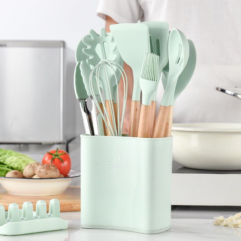 Multicolor Silicone Kitchen Bucket Set Wooden Handle 12 Pcs