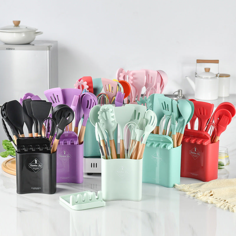 Multicolor Silicone Kitchen Bucket Set Wooden Handle 12 Pcs