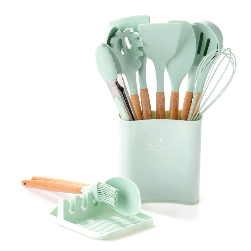 Multicolor Silicone Kitchen Bucket Set Wooden Handle 12 Pcs