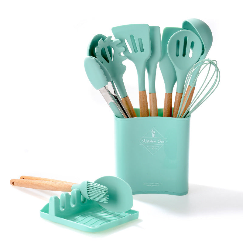 Multicolor Silicone Kitchen Bucket Set Wooden Handle 12 Pcs