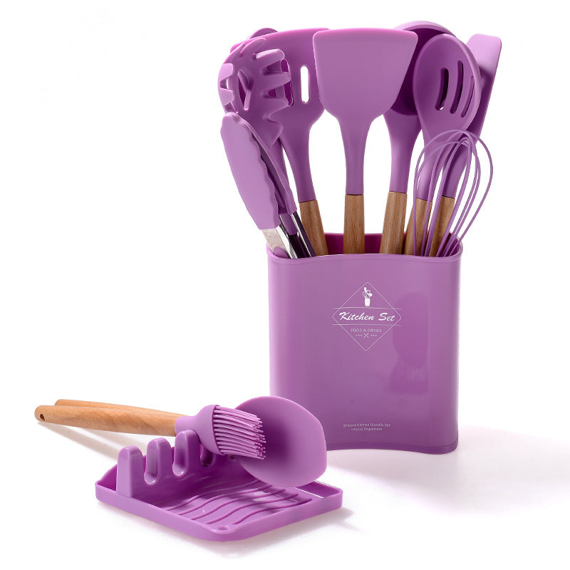 Multicolor Silicone Kitchen Bucket Set Wooden Handle 12 Pcs