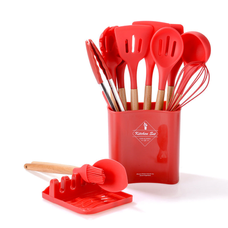 Multicolor Silicone Kitchen Bucket Set Wooden Handle 12 Pcs