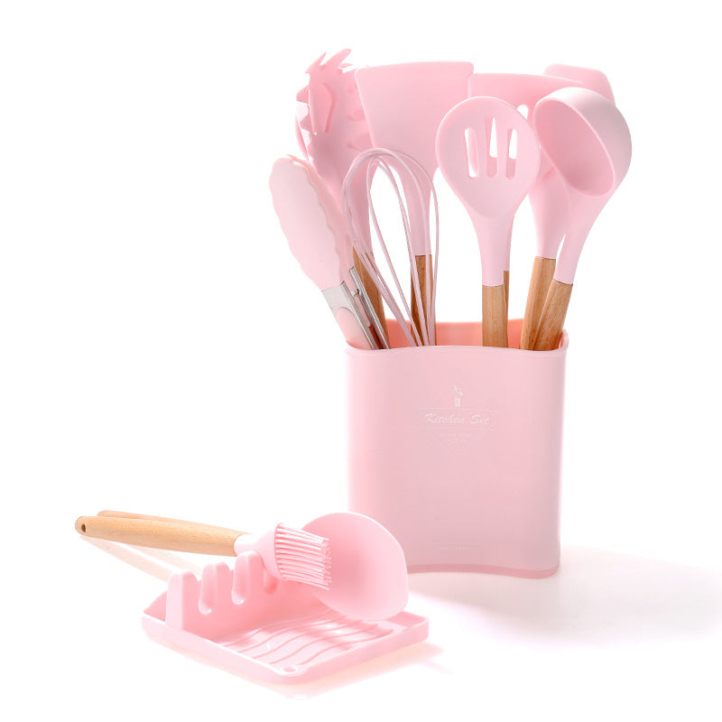 Multicolor Silicone Kitchen Bucket Set Wooden Handle 12 Pcs
