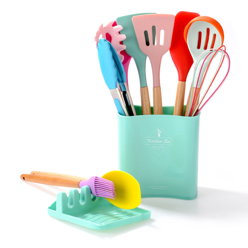 Multicolor Silicone Kitchen Bucket Set Wooden Handle 12 Pcs