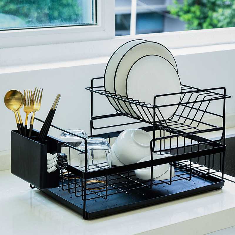 Double-Tier Metal Dish Drying Rack for Kitchen Sink