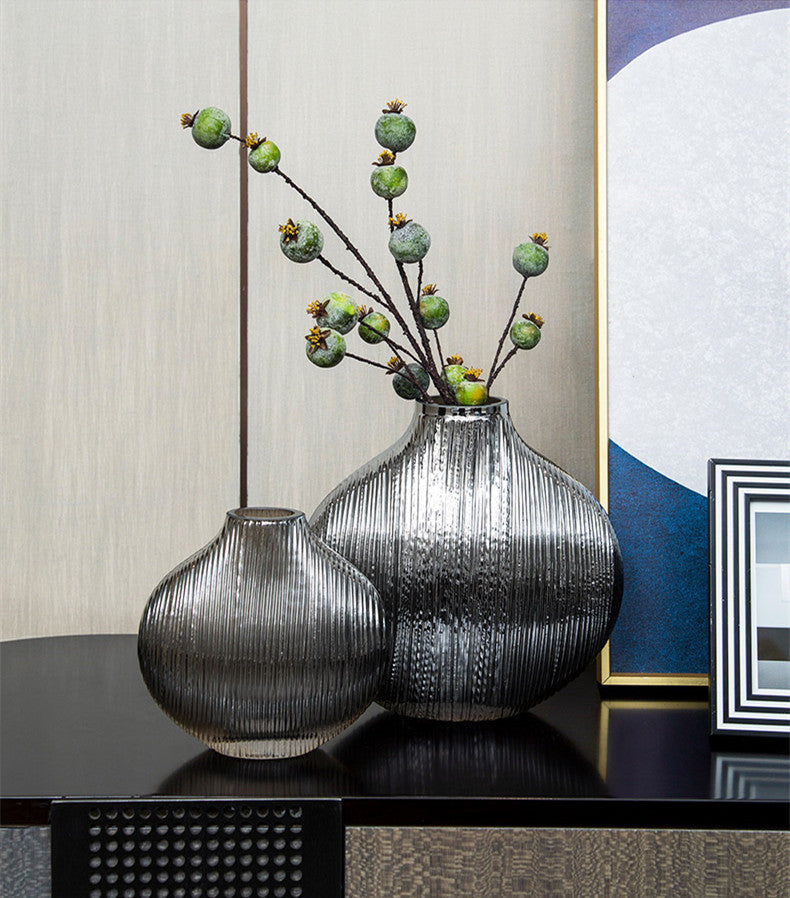Silver Striped Glass Vase Modern Hydroponic Home Decor