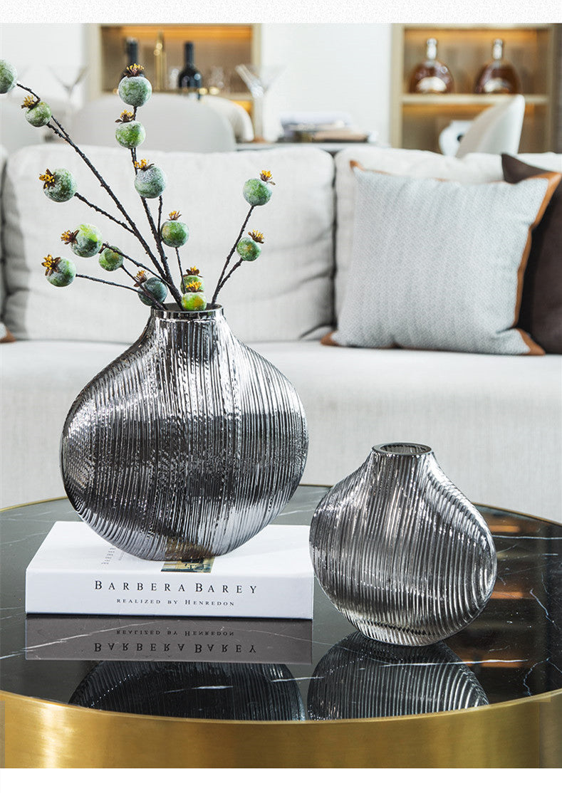 Silver Striped Glass Vase Modern Hydroponic Home Decor