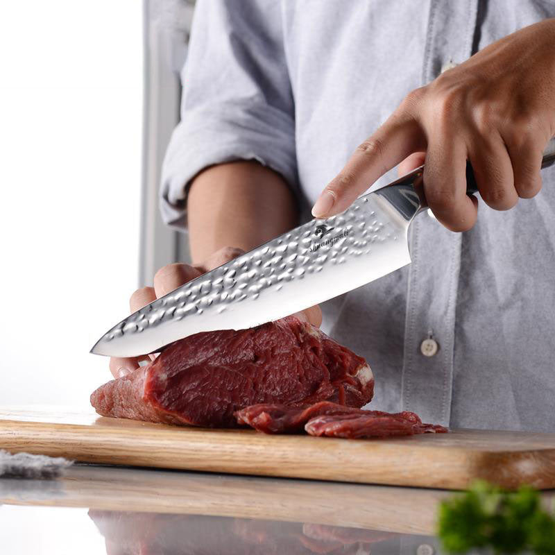 Eight Inch Chef Knife With Wooden Handle And Hammered Steel