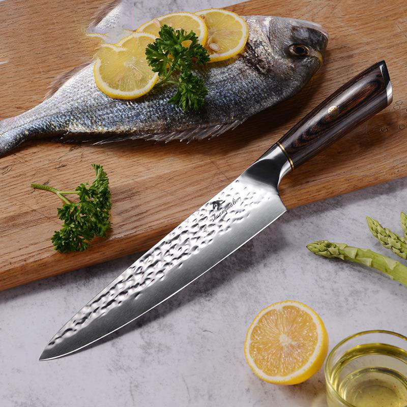 Eight Inch Chef Knife With Wooden Handle And Hammered Steel