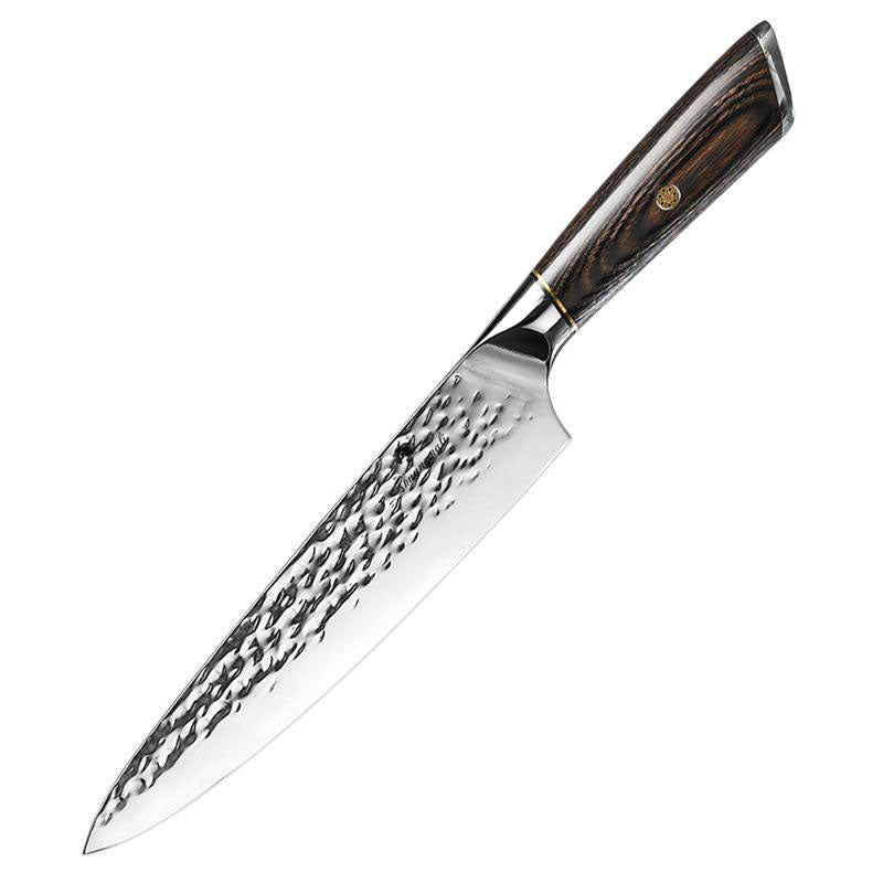 Eight Inch Chef Knife With Wooden Handle And Hammered Steel