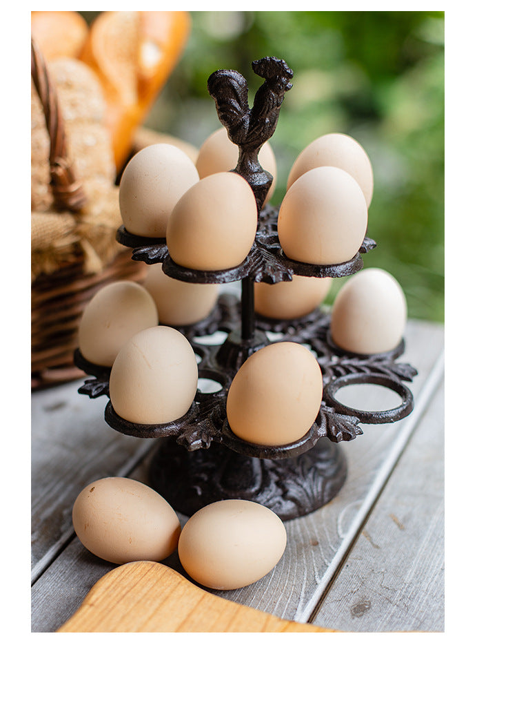 Retro Cast Iron Egg Rack Rooster Design Kitchen Storage Tray