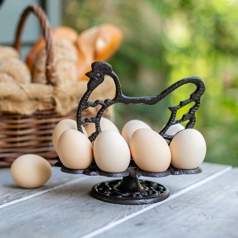 Retro Cast Iron Egg Rack Rooster Design Kitchen Storage Tray