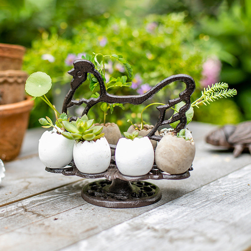 Retro Cast Iron Egg Rack Rooster Design Kitchen Storage Tray
