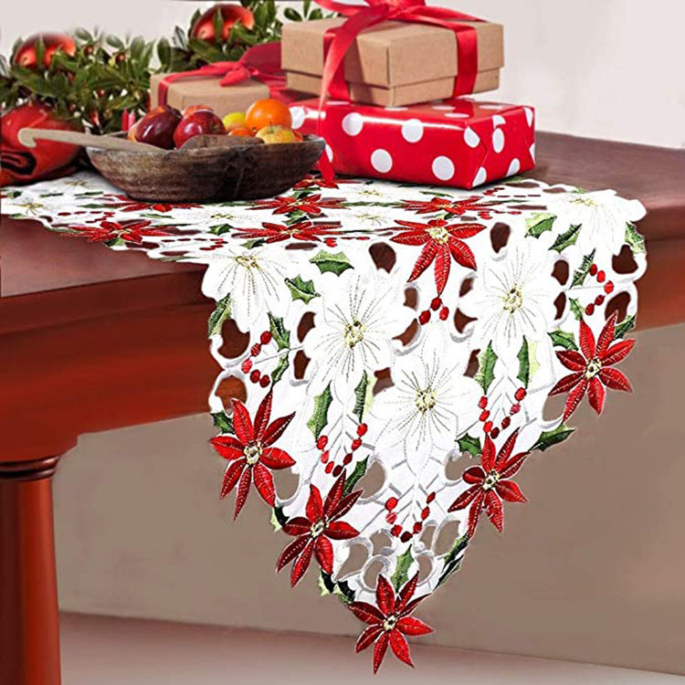 Embroidered Christmas Floral Table Runner Festive Decorative Cover