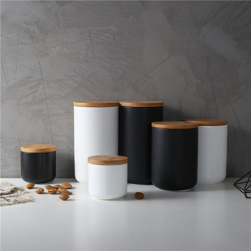Ceramic Kitchen Storage Jar With Wooden Lid Sealed Container
