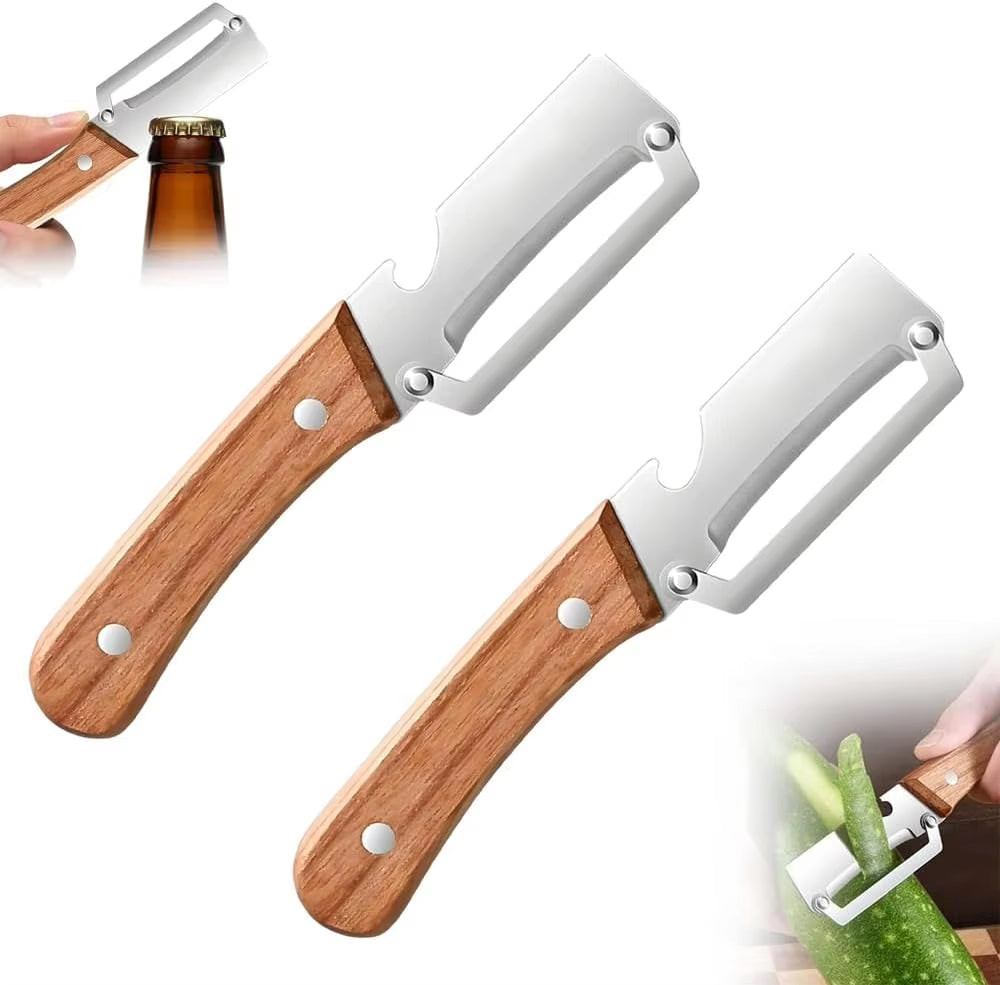 Wooden Handle Stainless Steel Vegetable Peeler Bottle Opener 2 In 1