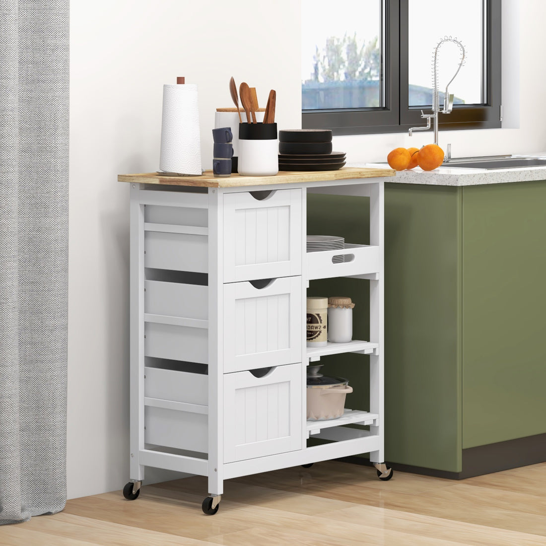 Rolling Kitchen Cart With Wood Top, Shelves and Drawers