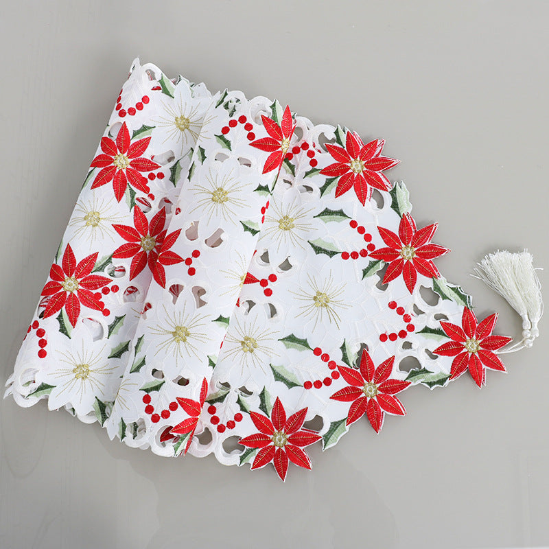 Embroidered Christmas Floral Table Runner Festive Decorative Cover