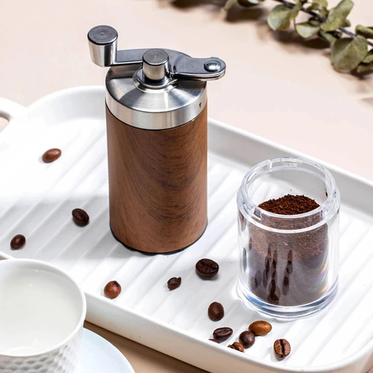 Portable Stainless Steel Hand Coffee Grinder Wood Grain Kitchen Tool