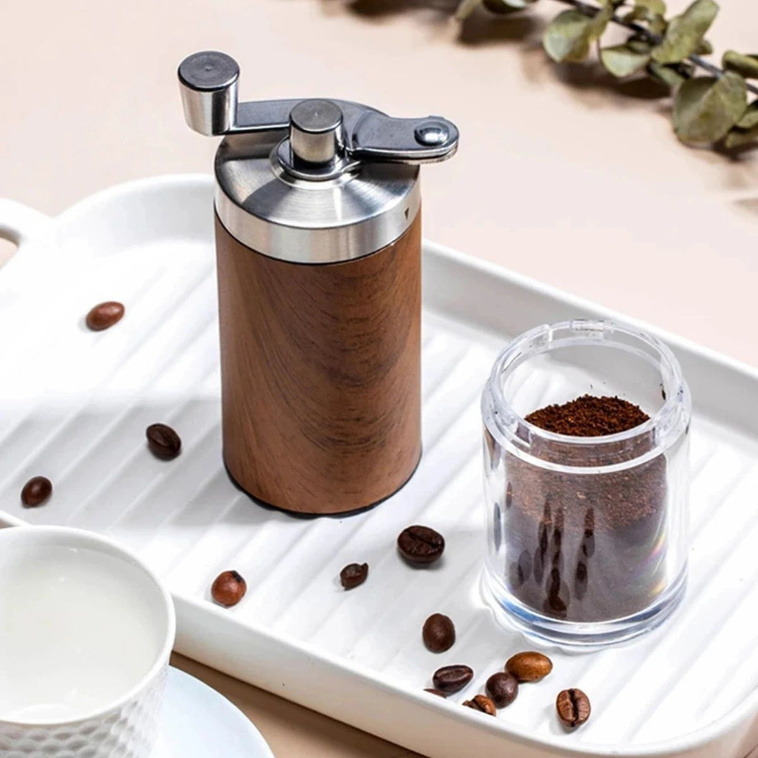 Portable Stainless Steel Hand Coffee Grinder Wood Grain Kitchen Tool