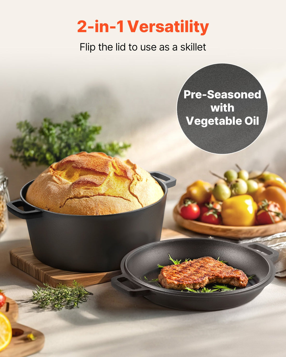 Cast Iron Dutch Oven 5 Qt Pre-Seasoned Double Pot