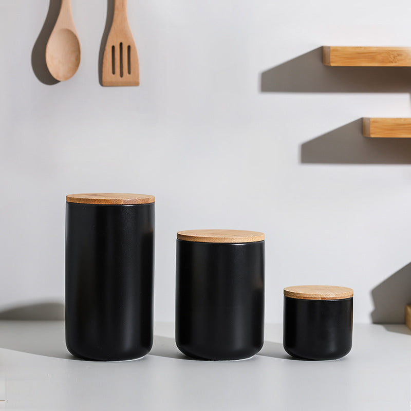 Ceramic Kitchen Storage Jar With Wooden Lid Sealed Container