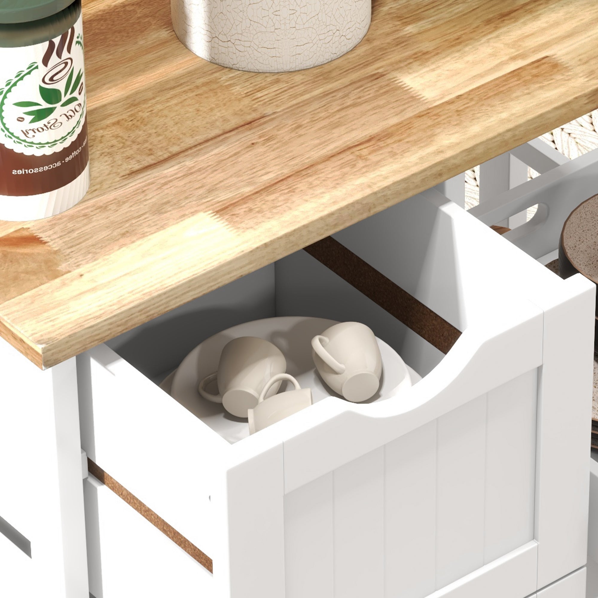 Rolling Kitchen Cart With Wood Top, Shelves and Drawers
