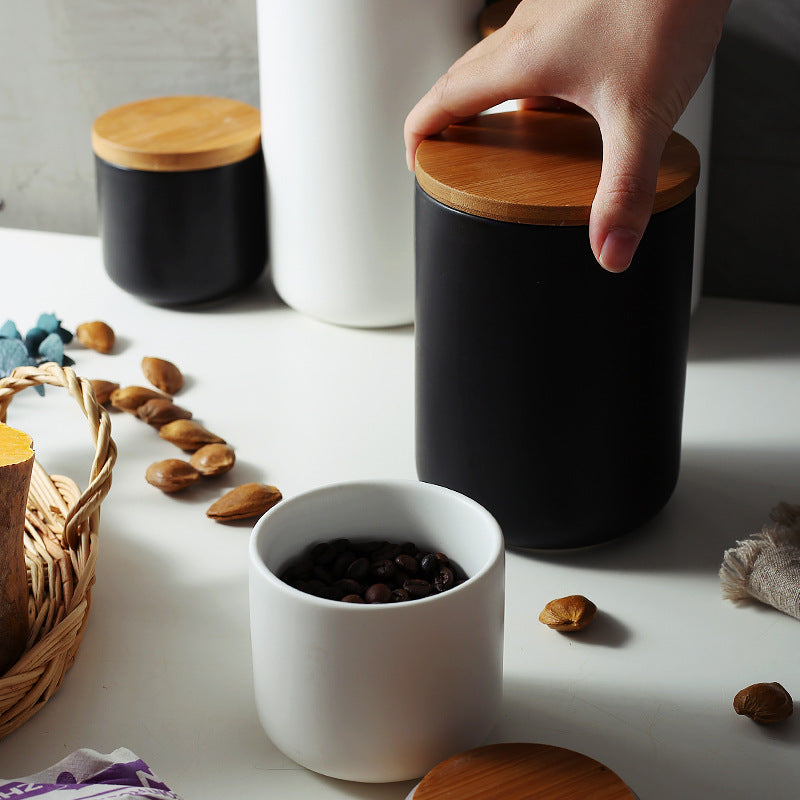 Ceramic Kitchen Storage Jar With Wooden Lid Sealed Container