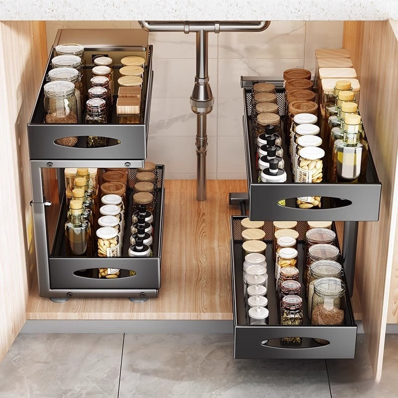 Pull Out Double Layer Kitchen Spice Drawer Storage Rack