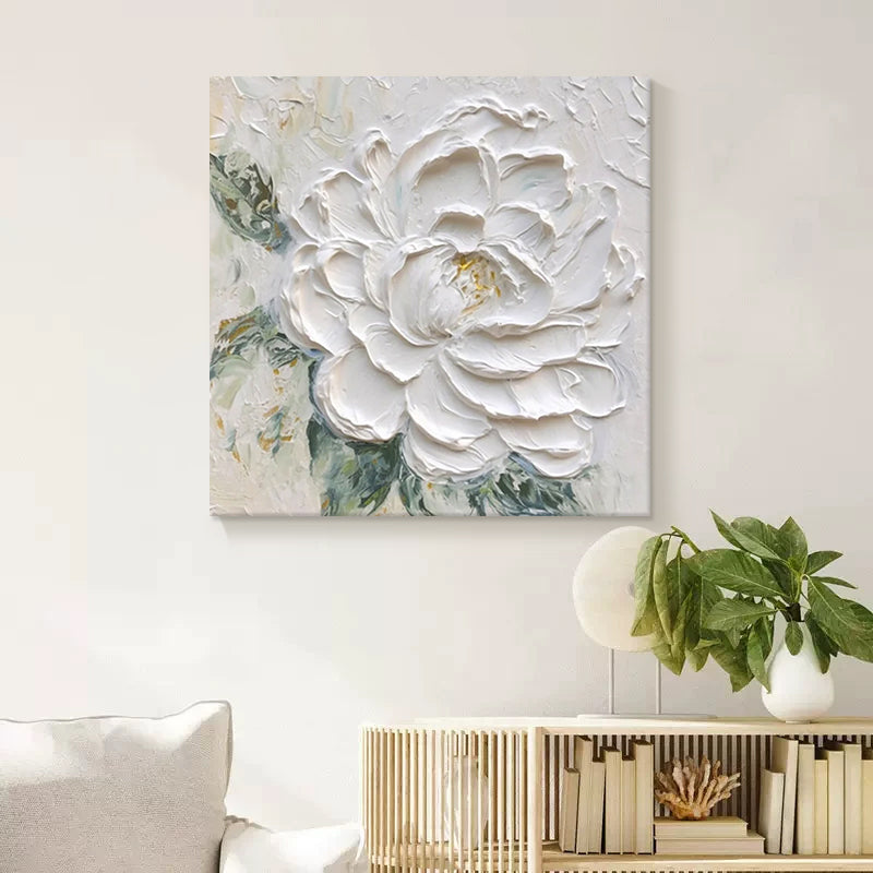 White Peony Flower Textured Oil Painting Wall Art