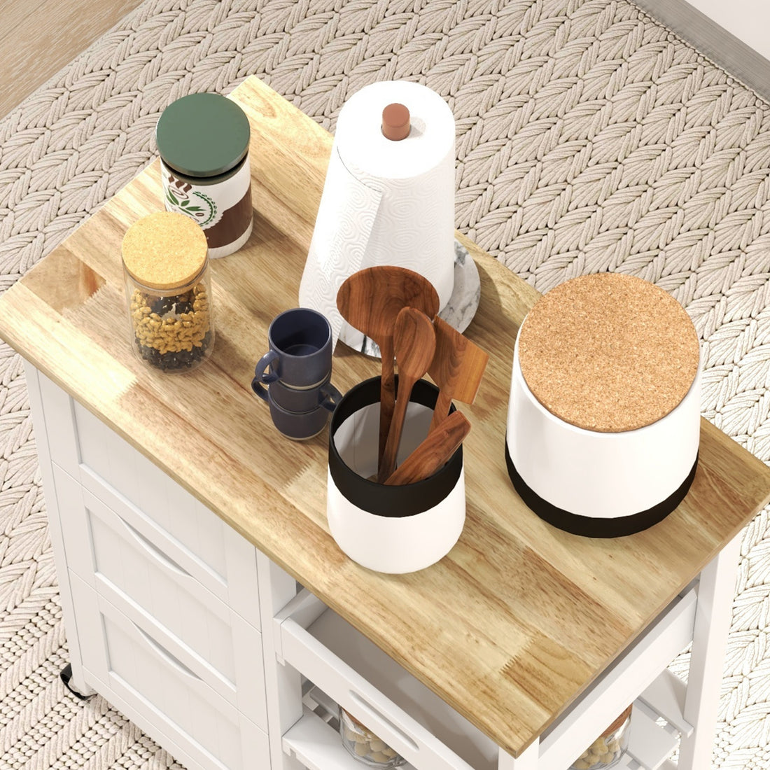 Rolling Kitchen Cart With Wood Top, Shelves and Drawers