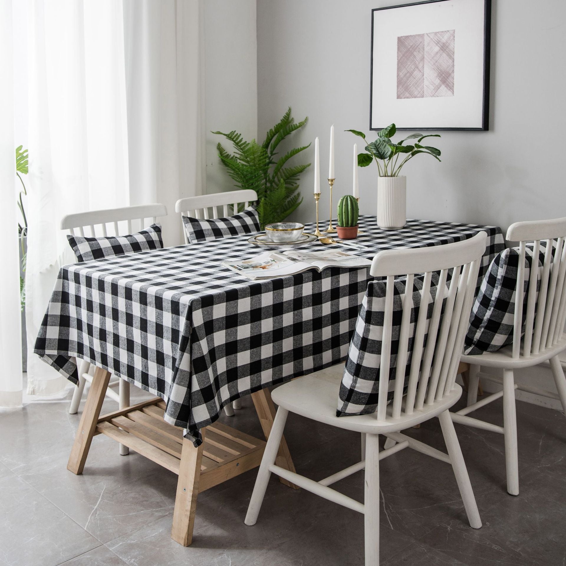 Woven Black And White Plaid Tablecloth For Dining Tables