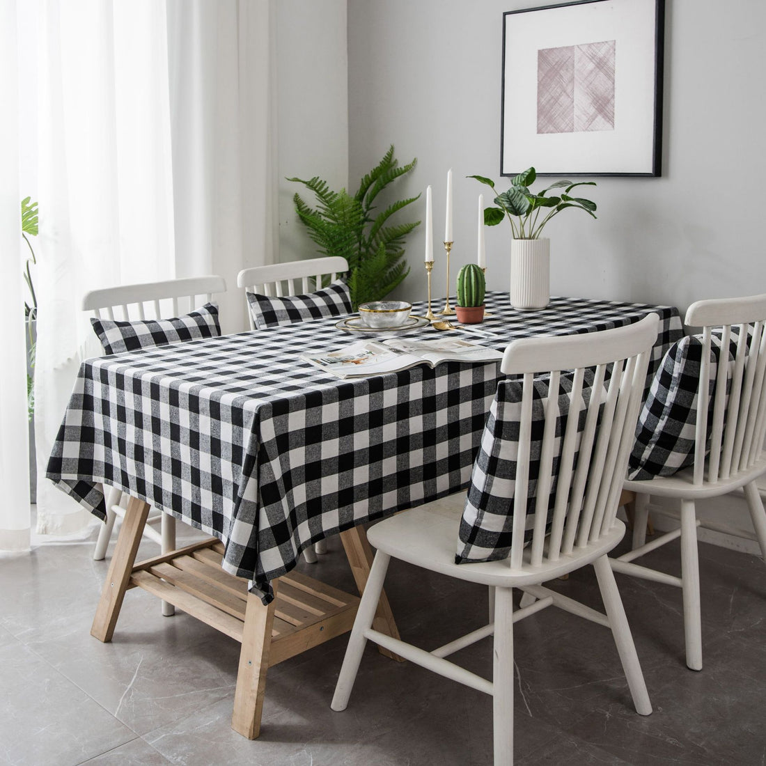Woven Black And White Plaid Tablecloth For Dining Tables
