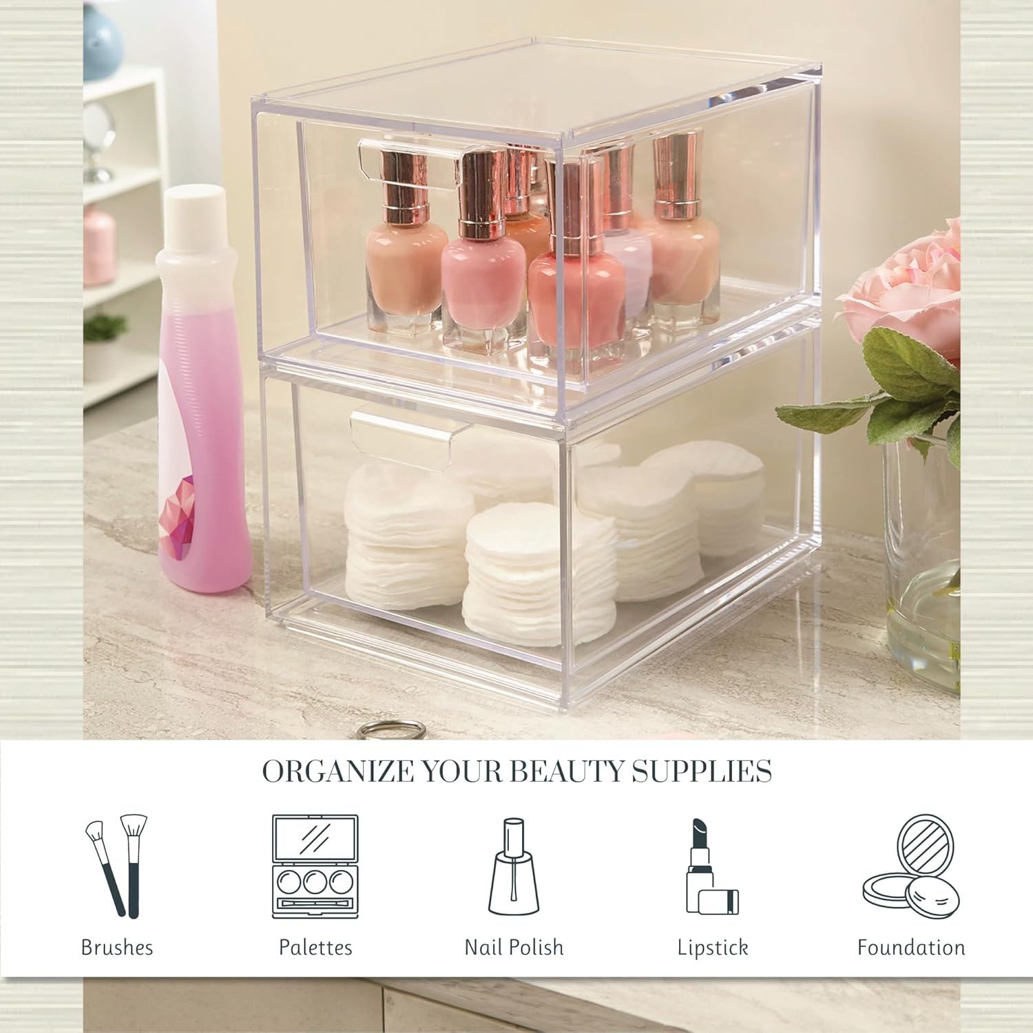 Stackable Clear Plastic Organizer Drawers Cosmetic Storage Set