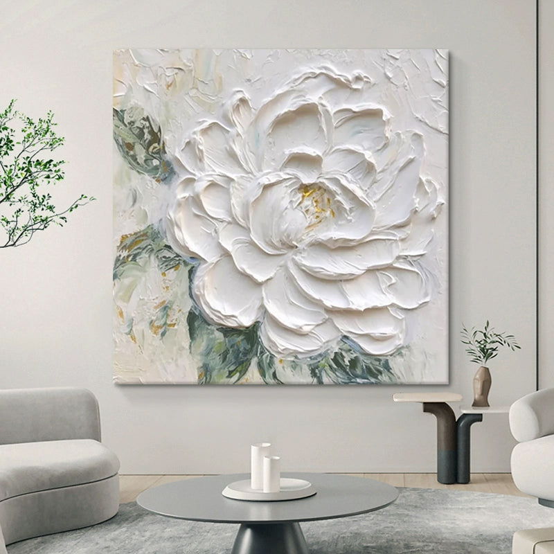 White Peony Flower Textured Oil Painting Wall Art
