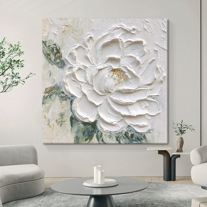 White Peony Flower Textured Oil Painting Wall Art