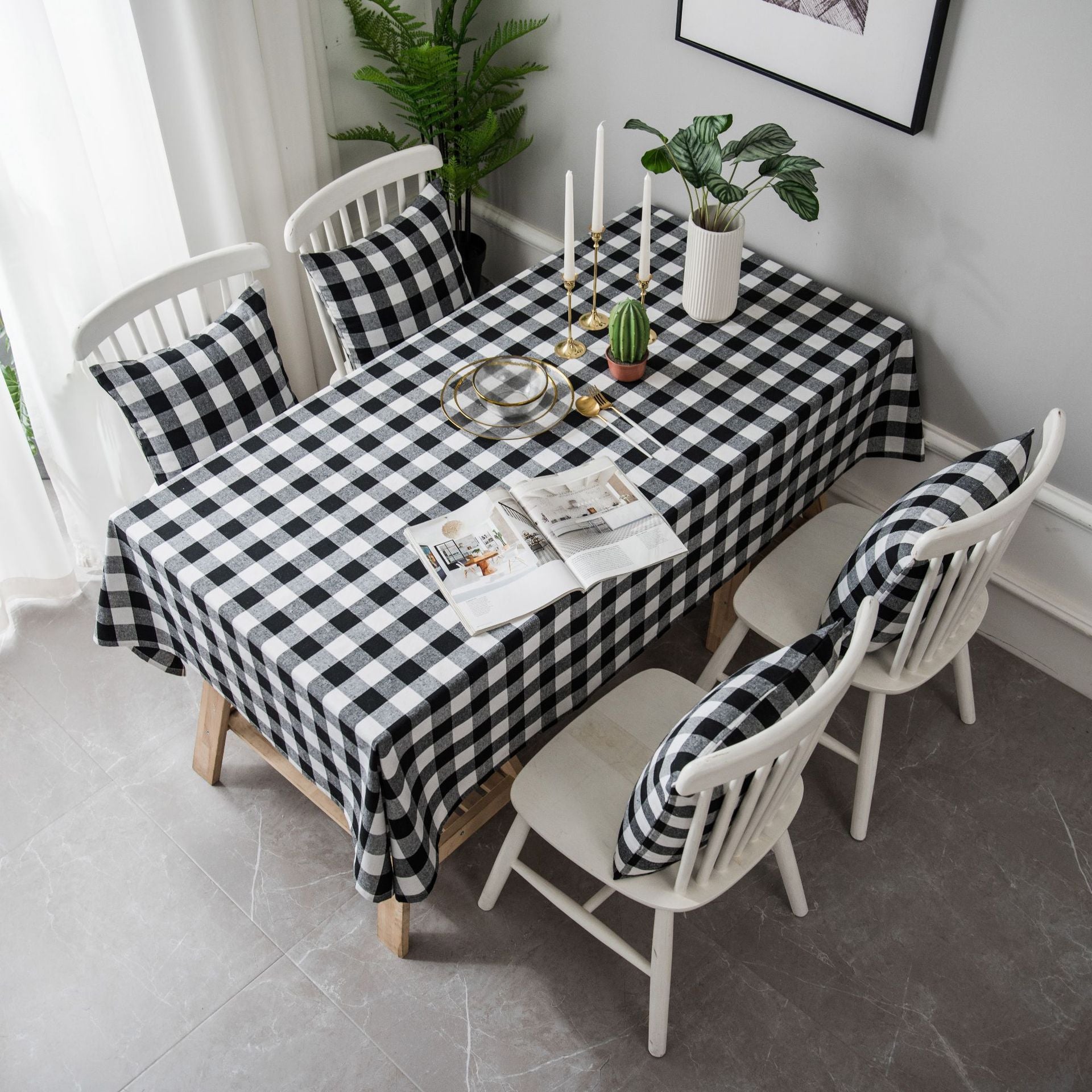 Woven Black And White Plaid Tablecloth For Dining Tables