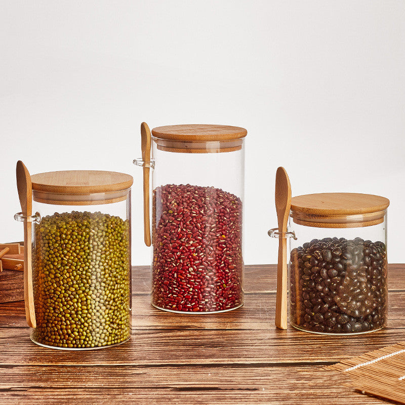 Wood Spoon Glass Food Storage Jar Set