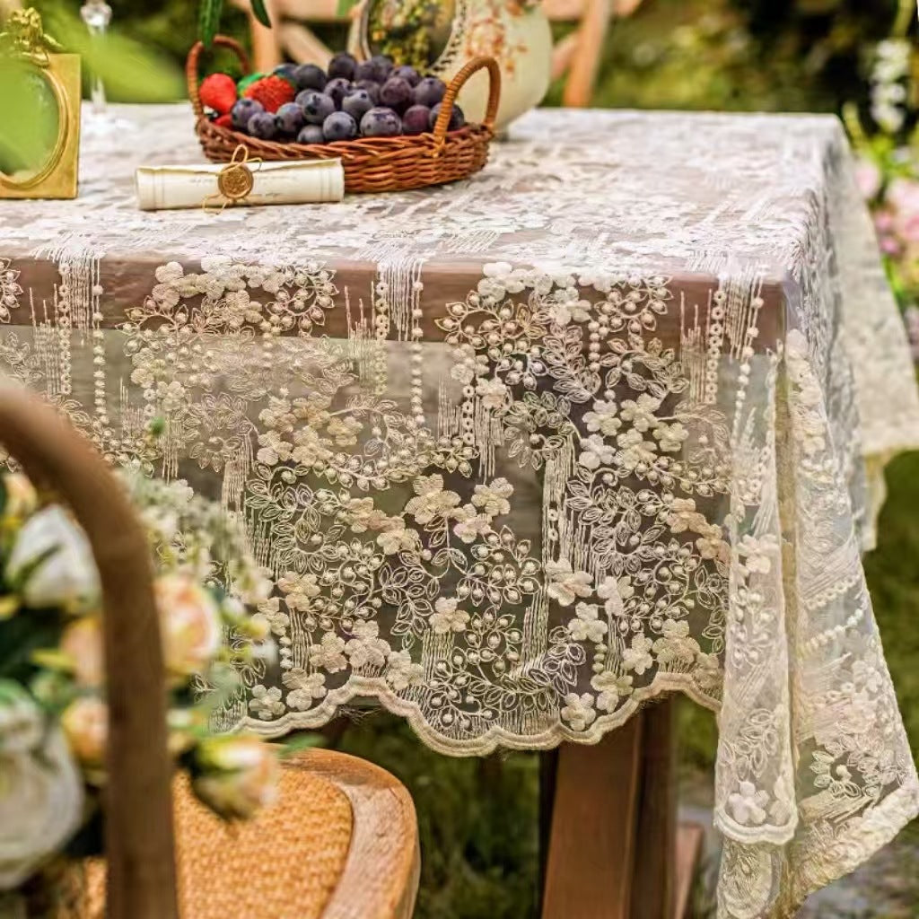 Elegant Lace Organza Embroidered Decorative Tablecloth