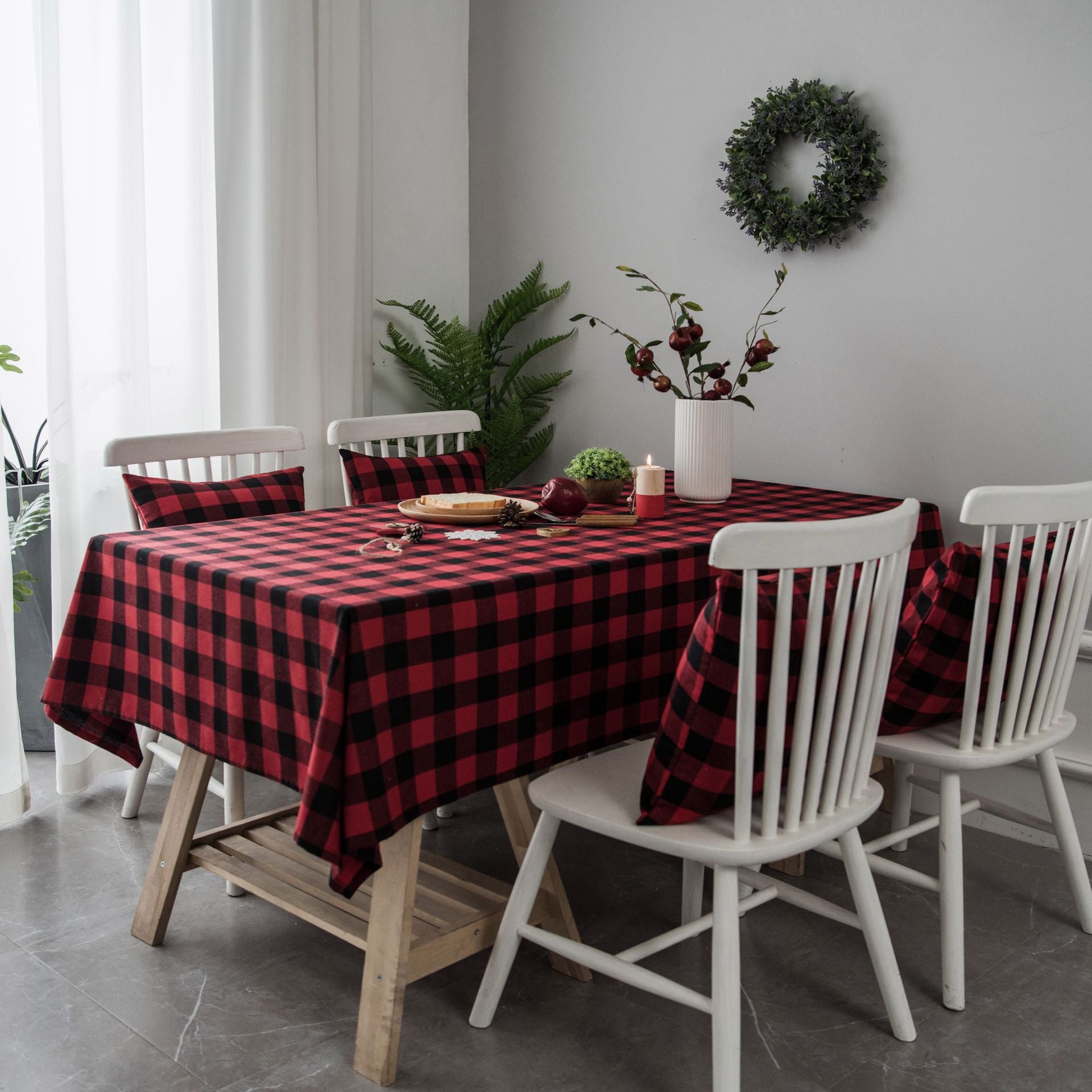 Woven Black And White Plaid Tablecloth For Dining Tables