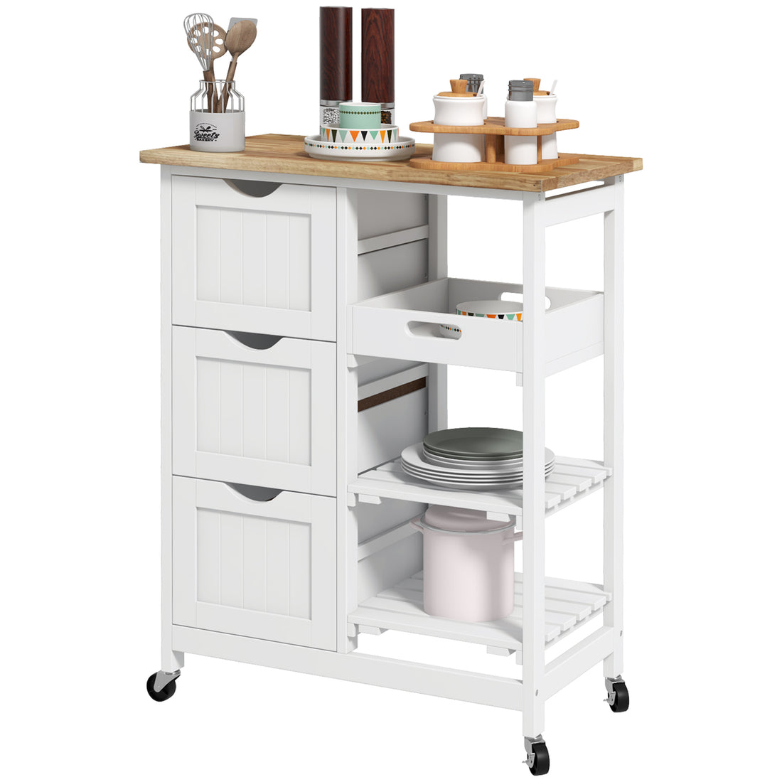 Rolling Kitchen Cart With Wood Top, Shelves and Drawers