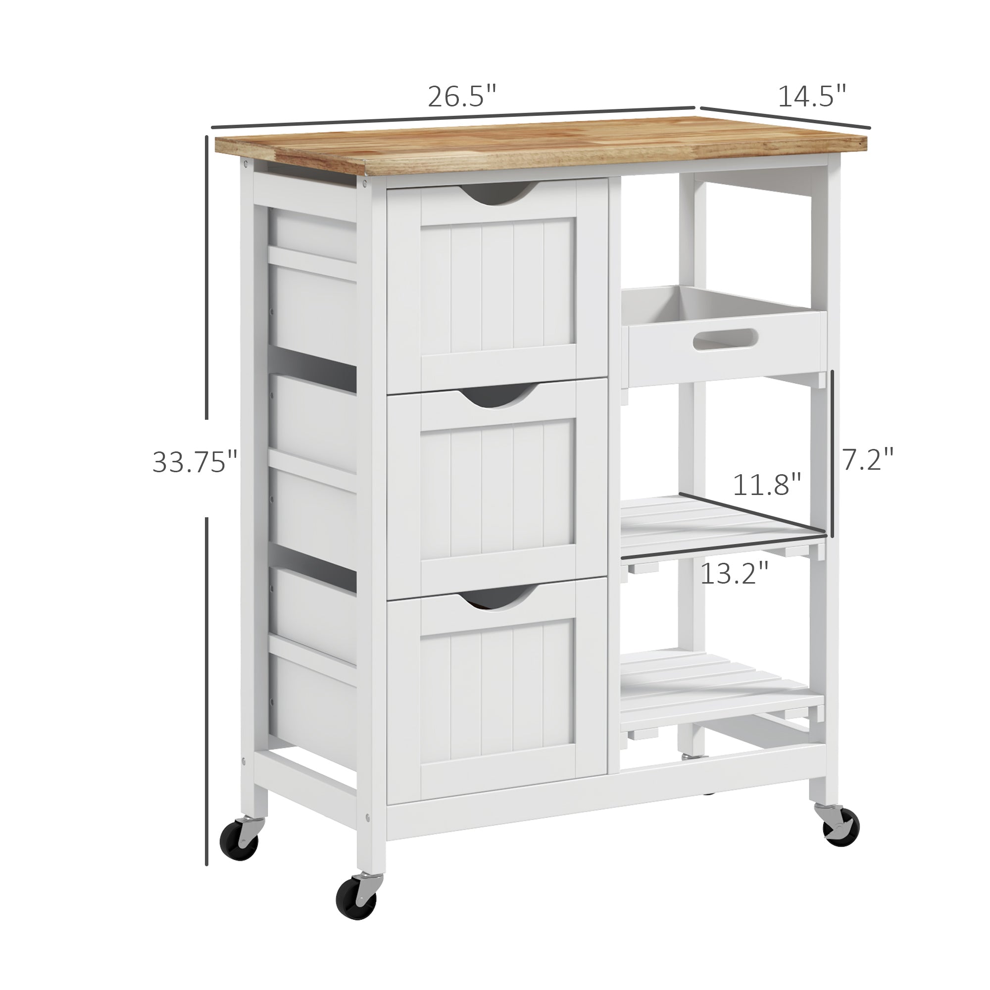 Rolling Kitchen Cart With Wood Top, Shelves and Drawers