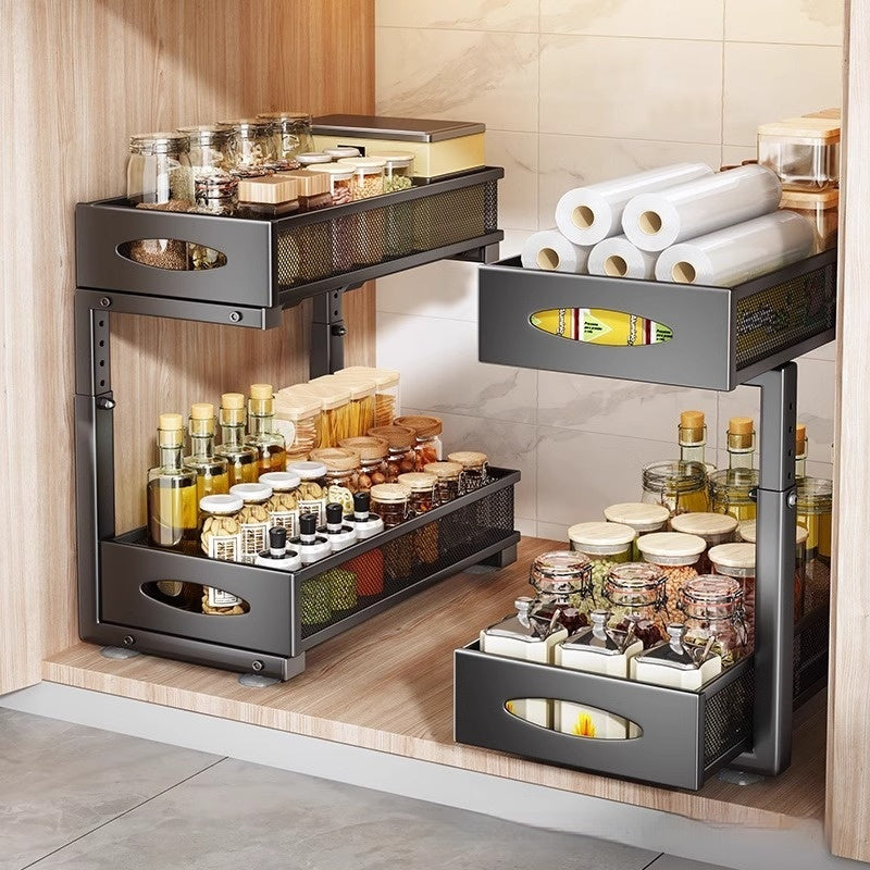 Pull Out Double Layer Kitchen Spice Drawer Storage Rack